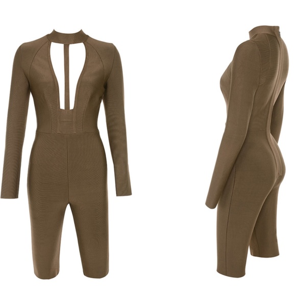 House Of CB, 'Comelle' Brown Bandage Knee Length Jumpsuit, Size L - Picture 3 of 9